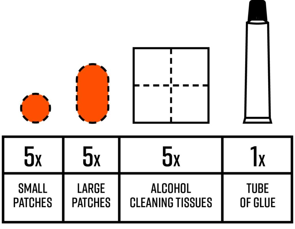 Tubo-Patch-Kit components displayed including glue tube and patches